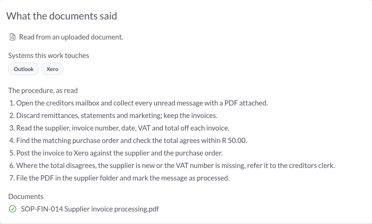 An Automize opportunity read from its SOP: the systems the document named, the procedure it described step by step, and the document itself, marked as read.