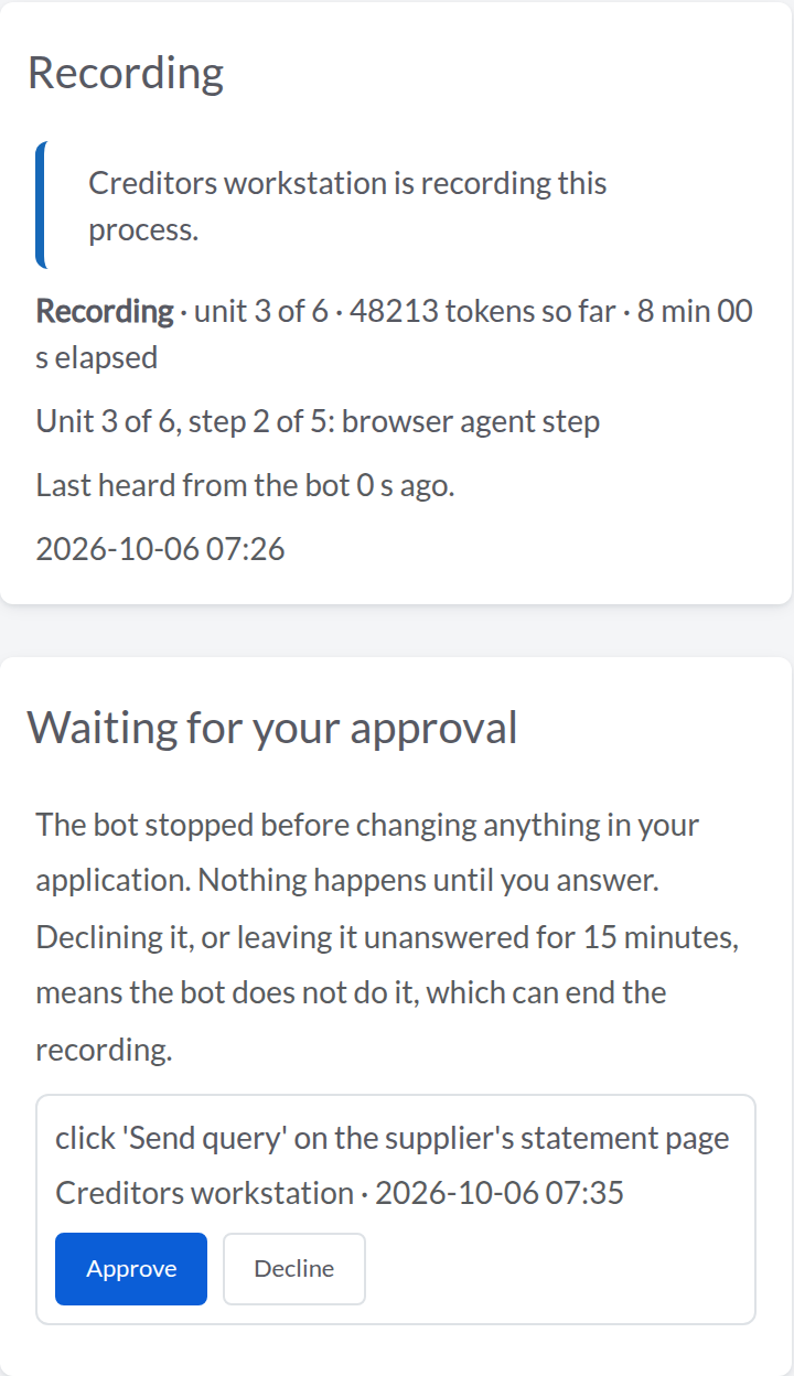 An Automize bot recording a process from its SOP: the stage it has reached, and one action held until a person approves it.