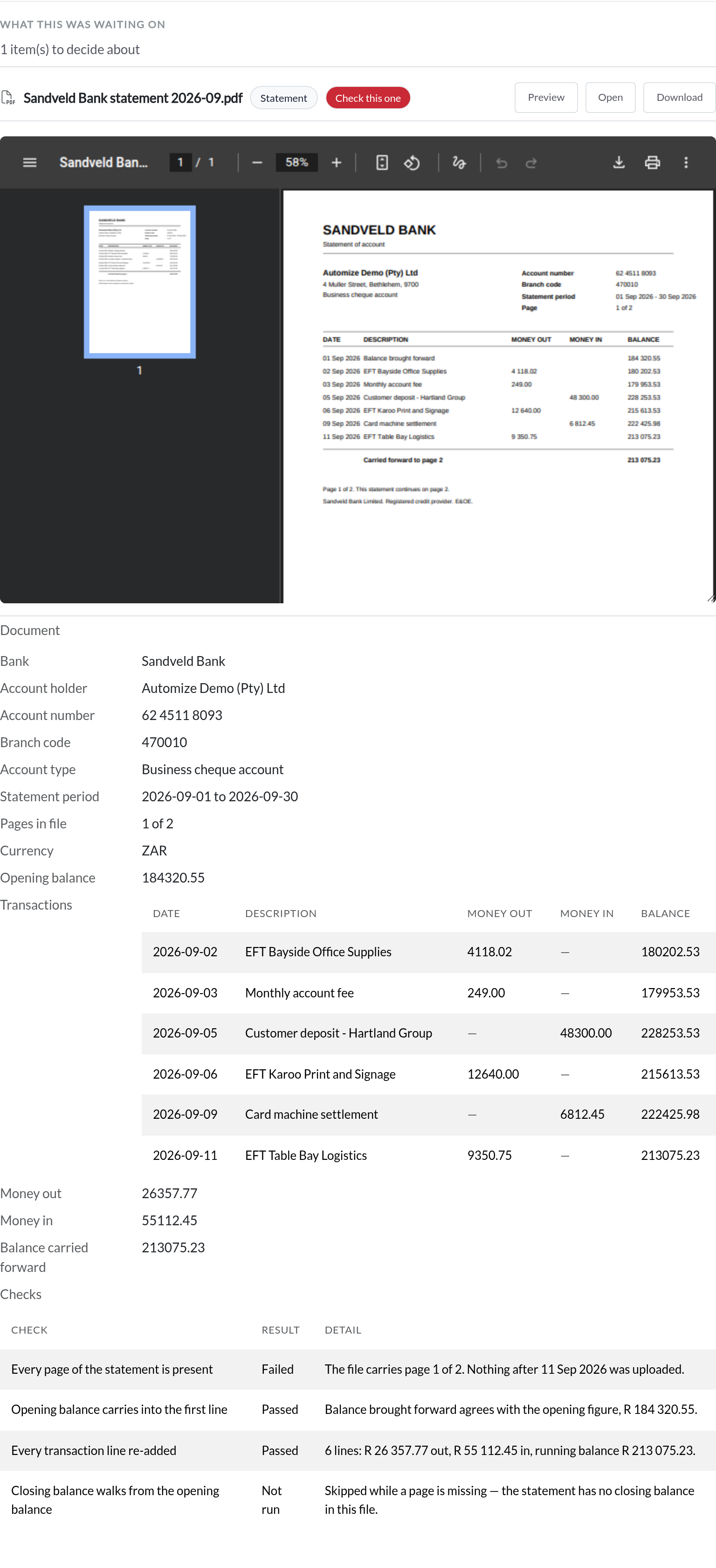 A flagged bank statement in Automize: the statement PDF beside the fields read off it, with the failed check naming what is wrong – the file carries page 1 of 2.